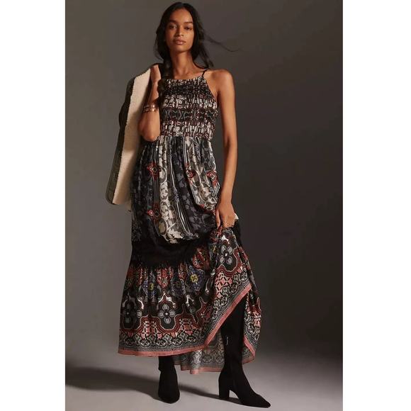 Anthropologie Bhanuni by Jyoti Tiered Maxi Dress in Black Print Size 2 - Picture 3 of 16